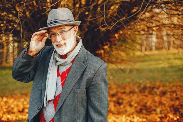 Vieil homme élégant dans un parc d'automne ensoleillé — Photo