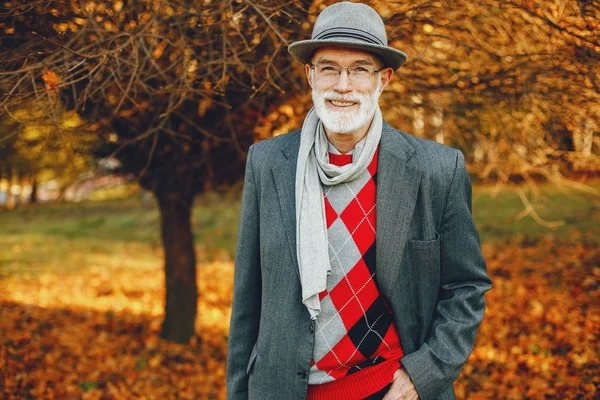 Güneşli bir sonbahar parkta zarif yaşlı adam