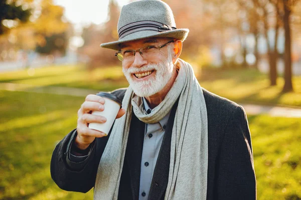 日当たりの良い秋の公園でエレガントな老人 — ストック写真