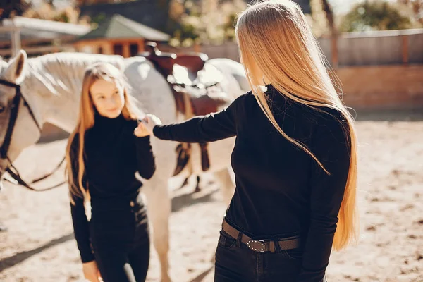 Eleganta flickor med en häst i en ranch — Stockfoto