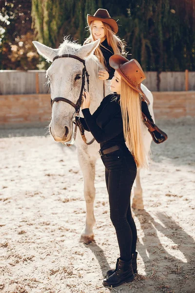牧場で馬とエレガントな女の子 — ストック写真