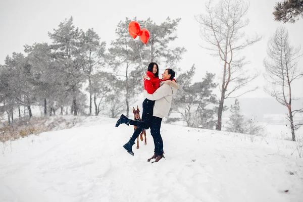 겨울 공원을 걷고 있는 사랑하는 부부 — 스톡 사진