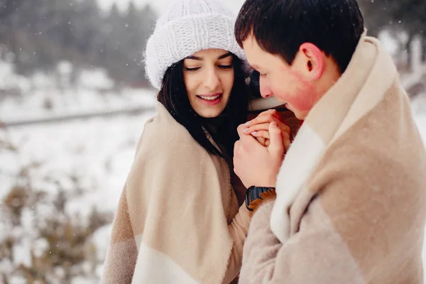 Couple amoureux marchant dans un parc d'hiver — Photo