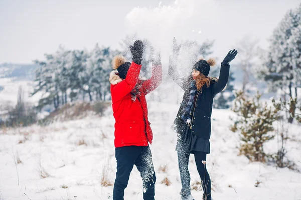 Couple amoureux marchant dans un parc d'hiver — Photo