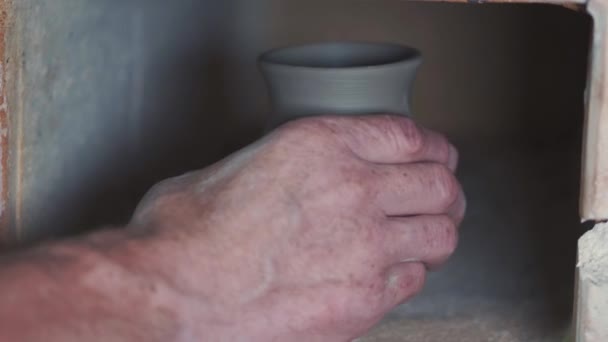 Ο άνθρωπος βάζει μια Τζάγκουαρ σε ένα φούρνο πηλό — Αρχείο Βίντεο