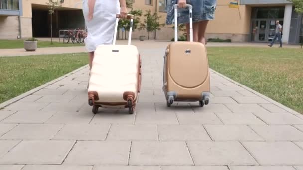 Estudiantes caminando con equipaje cerca del campus — Vídeos de Stock