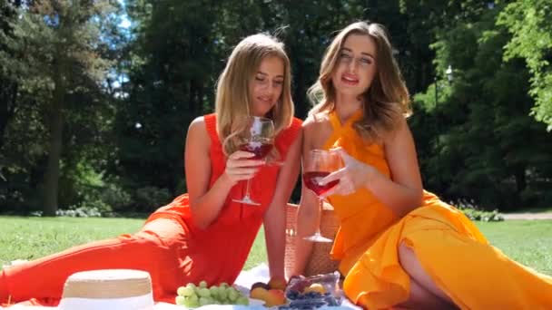 Dos chicas haciendo picnic y bebiendo vino en el parque — Vídeos de Stock