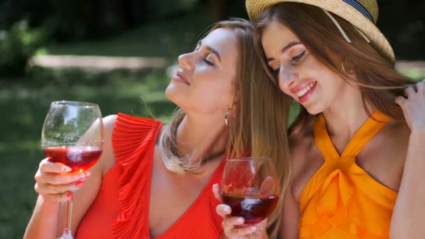 Портрет двух девушек, сидящих рядом и пьющих вино — стоковое видео