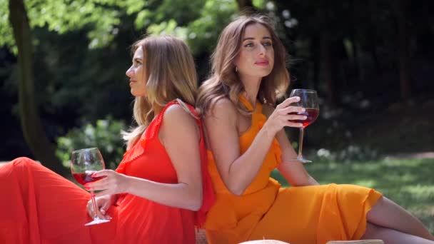 Chicas sentadas espalda con espalda haciendo picnic en el parque — Vídeos de Stock