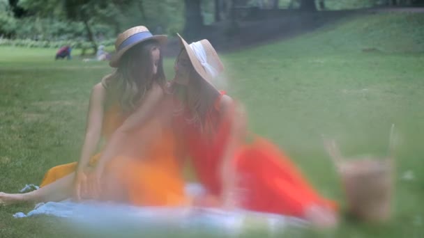 Chicas con el pelo rubio en sombreros sentado en el parque con humo — Vídeos de Stock