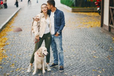 Çiftler güneşli bir sonbahar gününde köpeklerini gezdirirler.