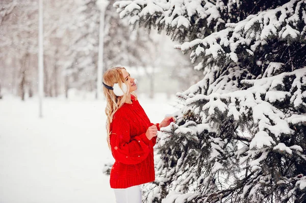 Elegáns és fiatal lány egy téli parkban — Stock Fotó