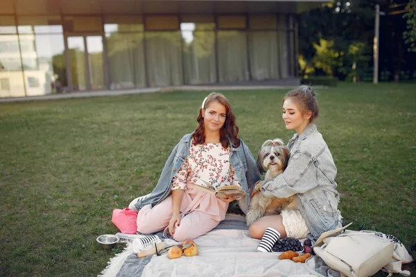 Chicas sentadas en una manta en un parque de verano — Foto de Stock
