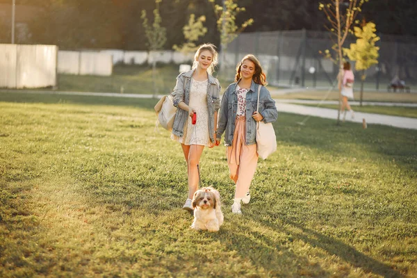 Dvě dívky procházející se v parku s malým psem — Stock fotografie