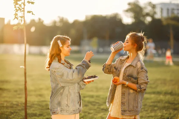 Meninas elegantes e elegantes em um parque de verão — Fotografia de Stock