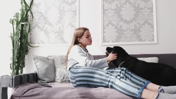 Morena chica vestida con ropa casual acariciando labrador negro en habitación blanca sentado en sofá — Vídeos de Stock