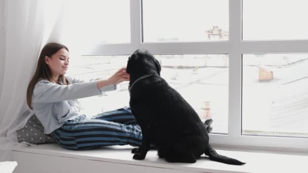 Fille assise sur le rebord de la fenêtre jouant avec un labrador noir — Video