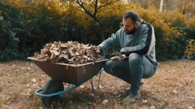 Ağaç dallarını ve kuru yaprakları el arabasına yükleyen bir bahçe işçisi.