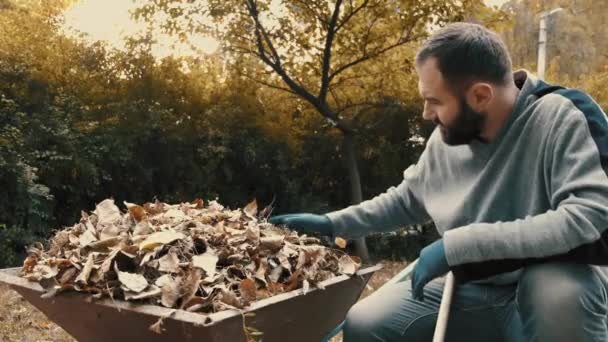 Trabalhador do jardim que é um homem que carrega folhas secas e galhos de árvore em um carrinho de mão — Vídeo de Stock