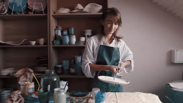 Professional potter decorating and painting a dish after she has baked it in the kiln — Stock Video