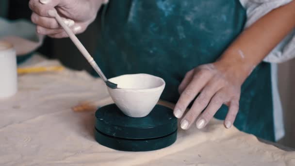 Vasaio professionista decorazione e pittura di un piatto dopo che lei ha cotto nel forno — Video Stock