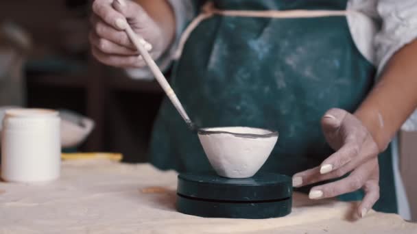 Professionelle Töpferin dekoriert und bemalt ein Gericht, nachdem sie es im Ofen gebacken hat — Stockvideo