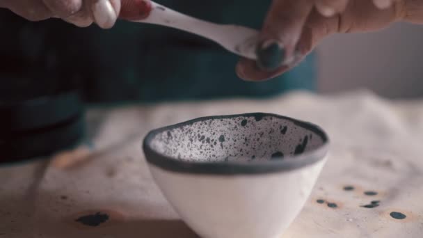 Oleiro profissional decorando e pintando um prato depois que ela o assou no forno — Vídeo de Stock