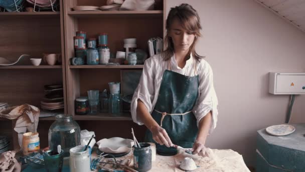 Professionelle Töpferin dekoriert und bemalt ein Gericht, nachdem sie es im Ofen gebacken hat — Stockvideo