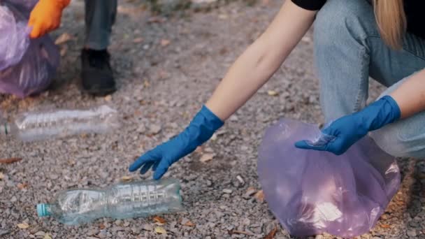 주말 활동으로 공원에서 쓰레기를 모으는 자원 봉사자 두 명 — 비디오
