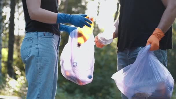 週末の活動として地域公園でゴミを集めるボランティア2人が — ストック動画