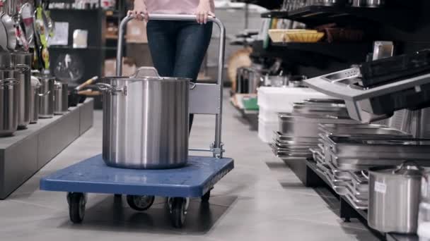 Жінка купує з візком у крамниці посуду — стокове відео