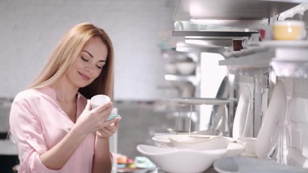 La bonita ama de casa está eligiendo vajilla de porcelana en la tienda de utensilios de cocina — Vídeos de Stock