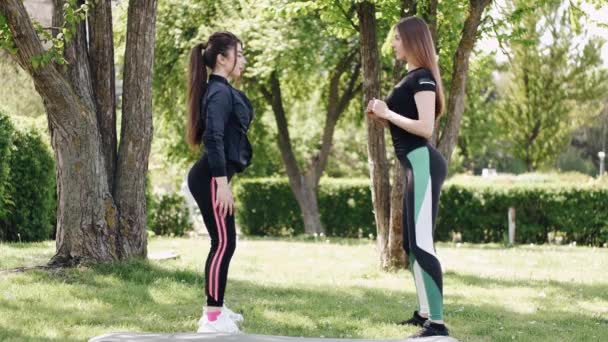 Deux jolies jeunes femmes s'entraînent en plein air au parc — Video