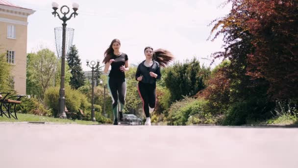 2人のスポーティな女性が朝一緒にジョギングしている — ストック動画