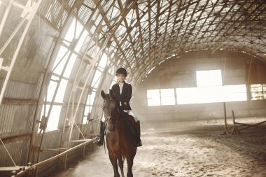 The rider in black form trains with the horse