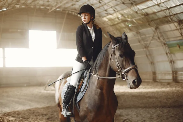 O cavaleiro em forma preta treina com o cavalo — Fotografia de Stock