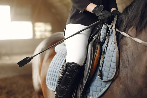 The rider in black form trains with the horse Stock Photo