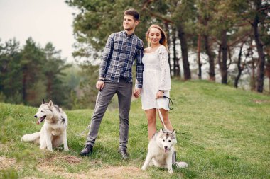 Bir yaz ormanında köpeklerle güzel bir çift