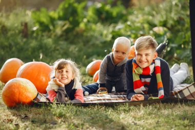 Bahçede bir sürü balkabağının yanında oturan sevimli bir çocuk.