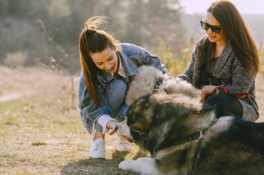 Bir bahar tarlasında köpekli iki şık kız.