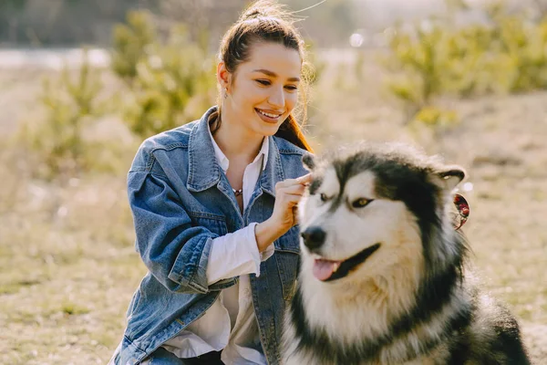 Chica con estilo en un campo de primavera con un perro — Foto de Stock