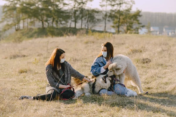 Duas meninas elegantes em um campo de primavera com um cão — Fotografia de Stock