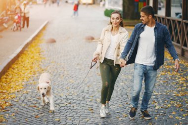Çiftler güneşli bir sonbahar gününde köpeklerini gezdirirler.
