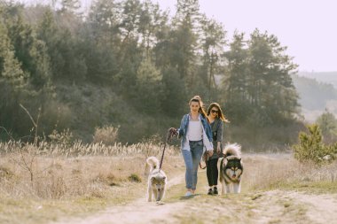 Bir bahar tarlasında köpekli iki şık kız.