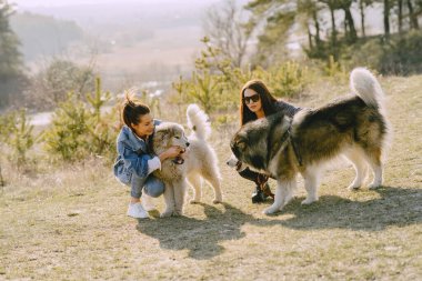 Bir bahar tarlasında köpekli iki şık kız.