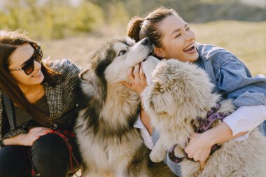 Bir bahar tarlasında köpekli iki şık kız.