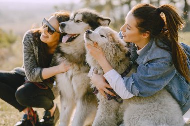 Bir bahar tarlasında köpekli iki şık kız.