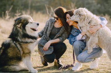 Bir bahar tarlasında köpekli iki şık kız.