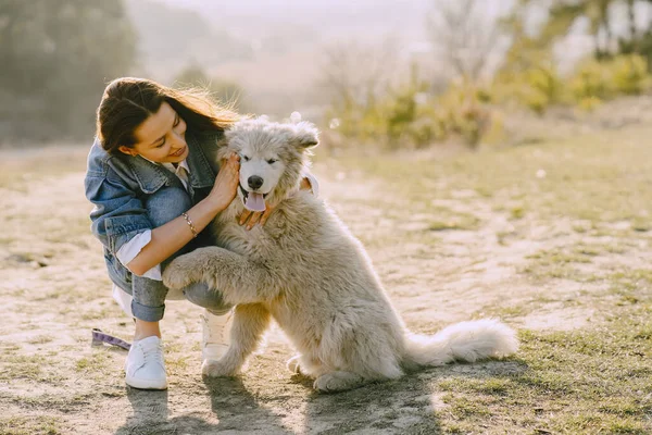 Stylová dívka na jarním poli se psem — Stock fotografie