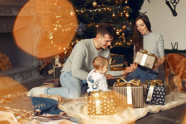 Familia con lindo perro en casa cerca del árbol de Navidad — Foto de Stock